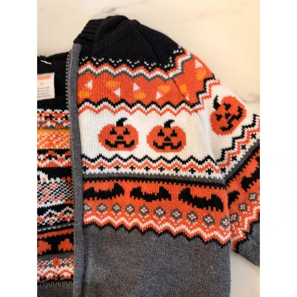 Gymboree Kids 5T Halloween Pumpkin Bat Fair Isle Zip Up Cotton Hoodie Sweater